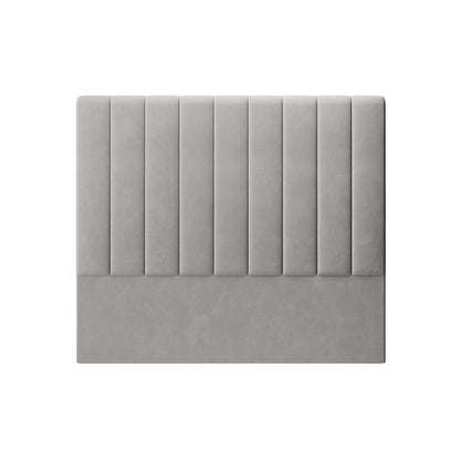 Gratiana Queen Velvet Fabric Headboard in Slate features vertical channeled panels on top and a smooth bottom third, showcasing a minimalist design against a white background.