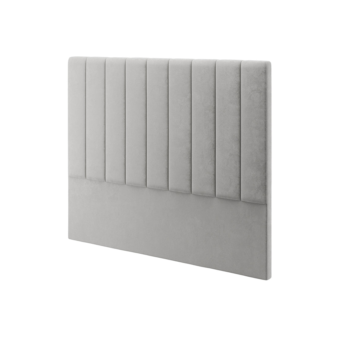 Gratiana Queen Velvet Fabric Headboard in Slate, featuring vertical channel tufting on light gray fabric, smooth lower panel, and a minimalist design, showcasing luxury and comfort with its plush, sophisticated appearance.