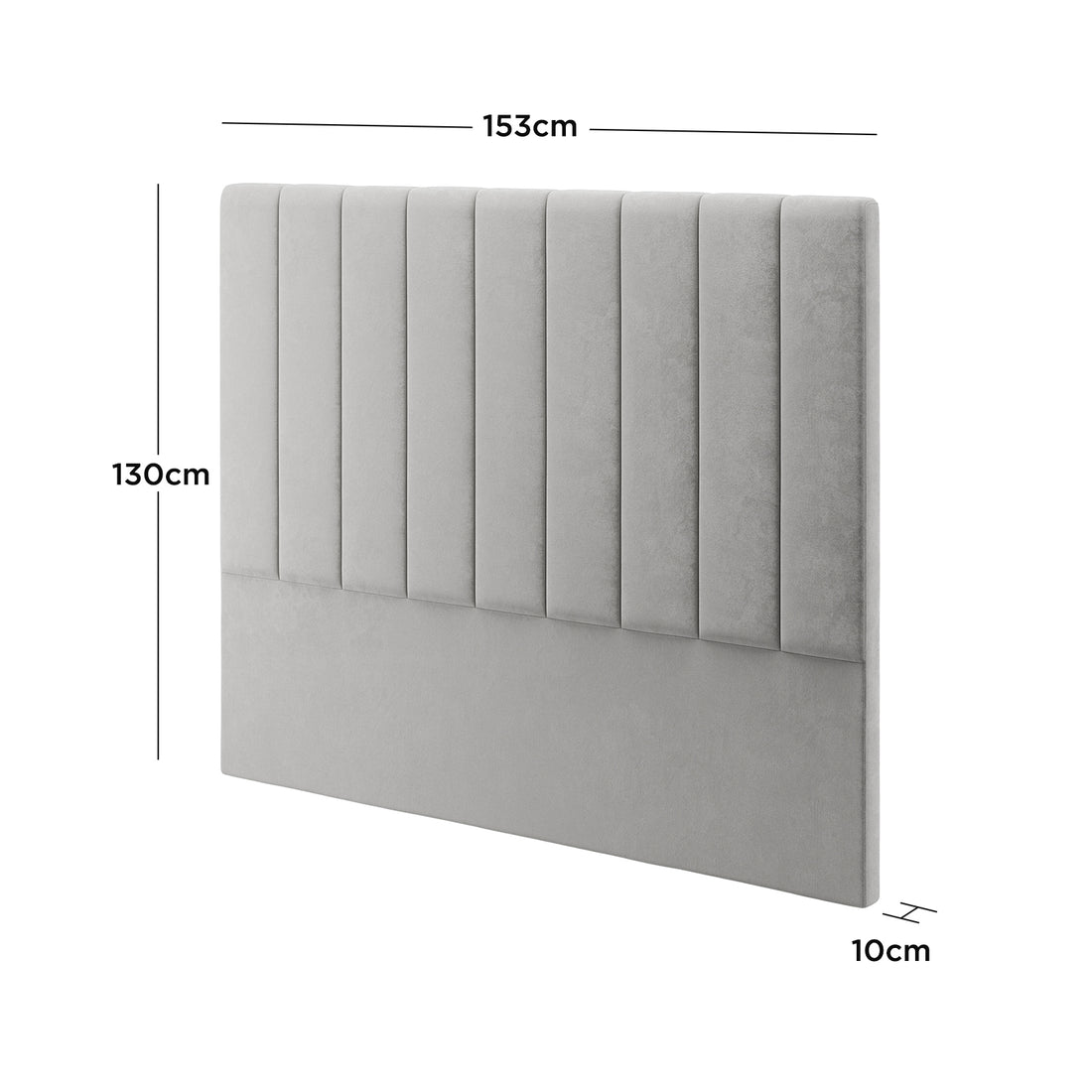 Gratiana Queen Velvet Fabric Headboard in Slate features a light grey, vertically channel-stitched, padded design. Key dimensions: 153cm width, 130cm height, 10cm thickness, offering a modern, elegant look.
