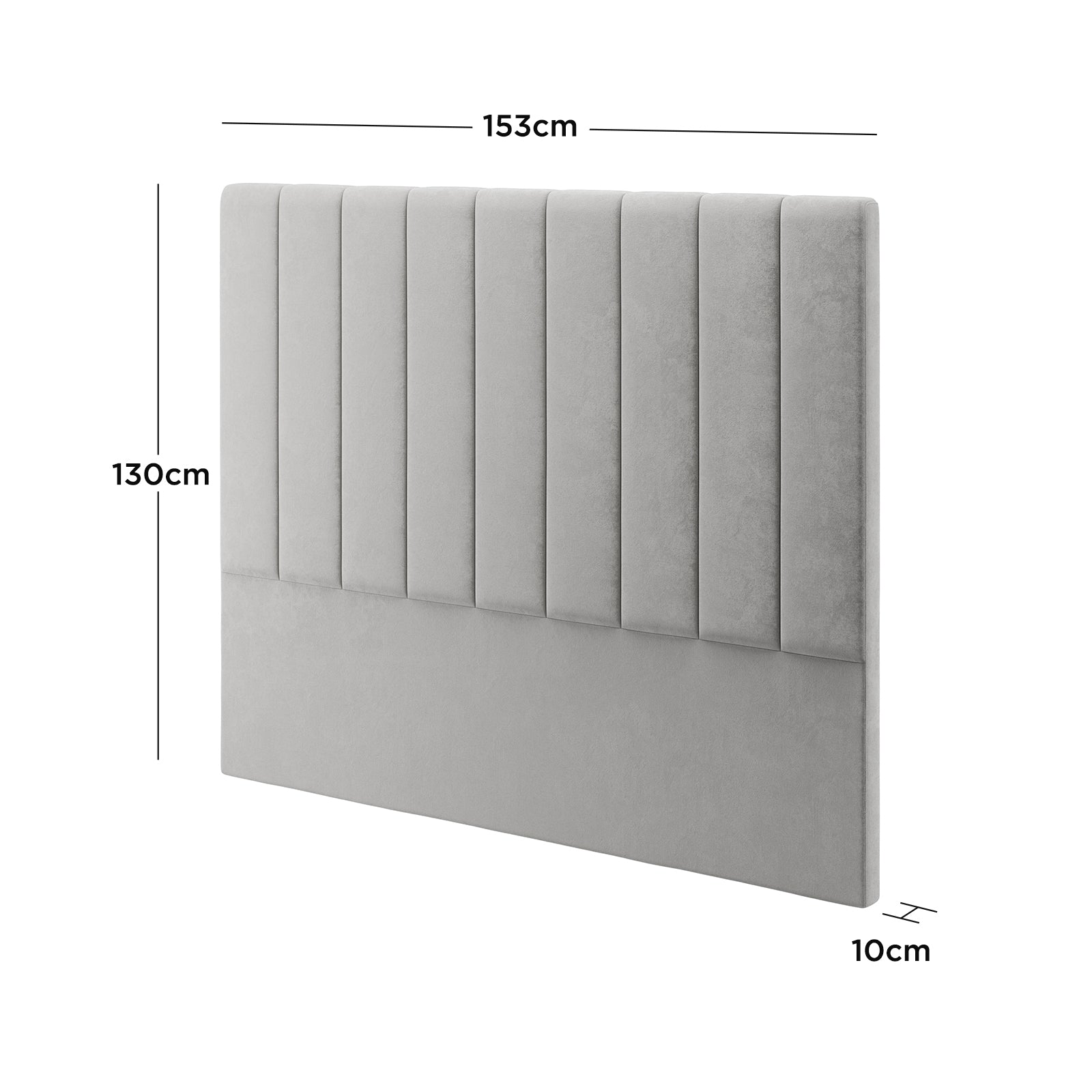 Gratiana Queen Velvet Fabric Headboard in Slate features a light grey, vertically channel-stitched, padded design. Key dimensions: 153cm width, 130cm height, 10cm thickness, offering a modern, elegant look.