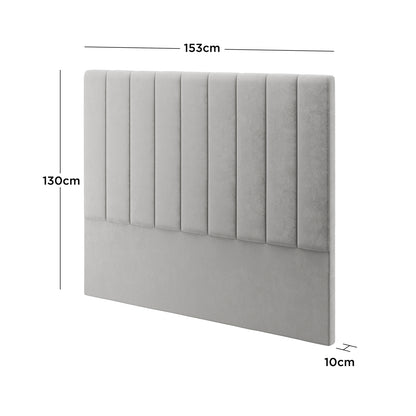 Gratiana Queen Velvet Fabric Headboard in Slate features a light grey, vertically channel-stitched, padded design. Key dimensions: 153cm width, 130cm height, 10cm thickness, offering a modern, elegant look.