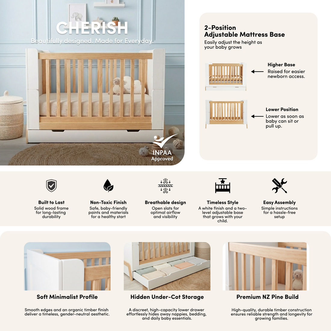 Hushly Baby Cot with Storage Drawer in Natural