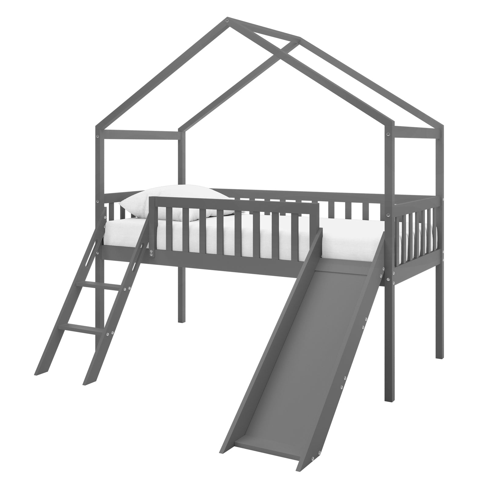 Inala Kids House Bed with Slide - Grey features a house-shaped frame with a peaked roof, guardrails, a short ladder, and a fun slide, all crafted from solid pine for durability and playfulness.
