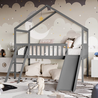 Inala Kids House Bed with Slide - Grey: A loft bed with a house-shaped frame, peaked roof, safety rails, a short ladder, slide, and pastel bedding, creating a cozy, playful retreat.