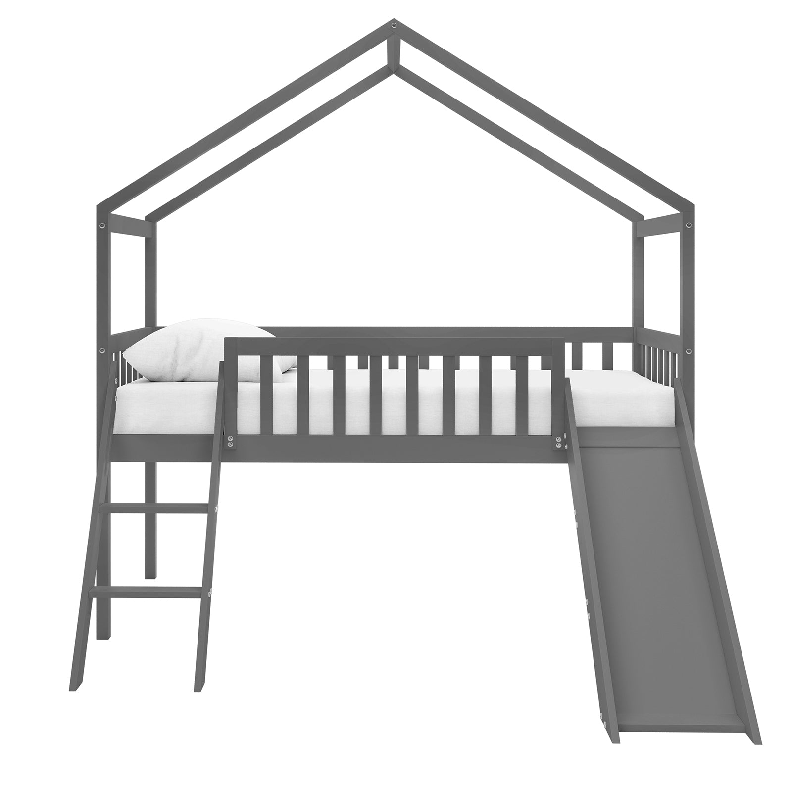 Inala Kids House Bed with Slide - Grey: A loft-style bed featuring a house-shaped frame with guardrails. Includes a slide and ladder for access, creating a playful sleep and play environment.