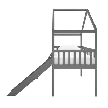 Inala Kids House Bed with Slide - Grey features a loft-style design resembling a house, complete with guardrails, a peaked roof outline, and an exciting slide. Perfect for a playful children's bedroom.