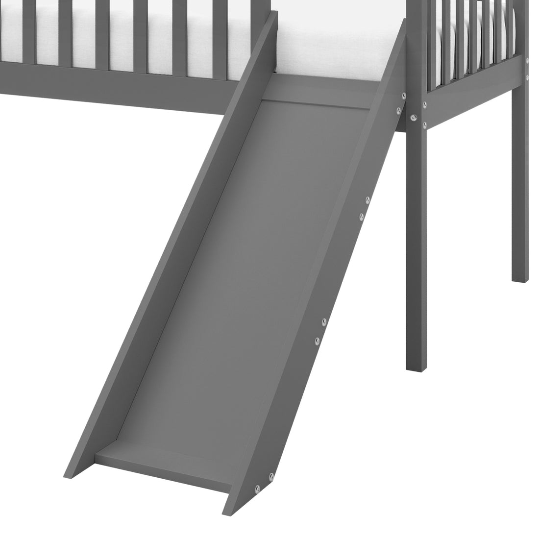 Inala Kids House Bed with Slide - Grey: Lower portion showcasing the attached gray wooden slide ramp connected to the elevated loft bed frame, highlighting a playful and functional design for children's rooms.