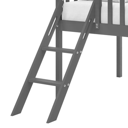 Inala Kids House Bed with Slide - Grey, showing the bottom part of a matte grey wooden ladder with two steps, attached to a raised platform under a mattress support frame.
