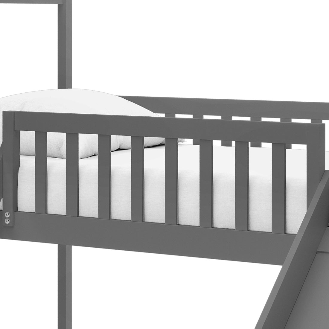 Inala Kids House Bed with Slide - Grey featuring a loft-style bed frame with vertical guard-rail slats, a white mattress, and a pillow, with part of a ladder leading up to it.