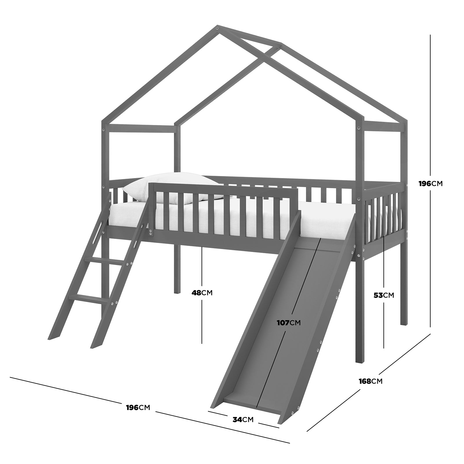 The Inala Kids House Bed with Slide - Grey features a loft-style design with a peaked roof, safety rail, ladder, and built-in slide, promoting imaginative play and safe sleep.