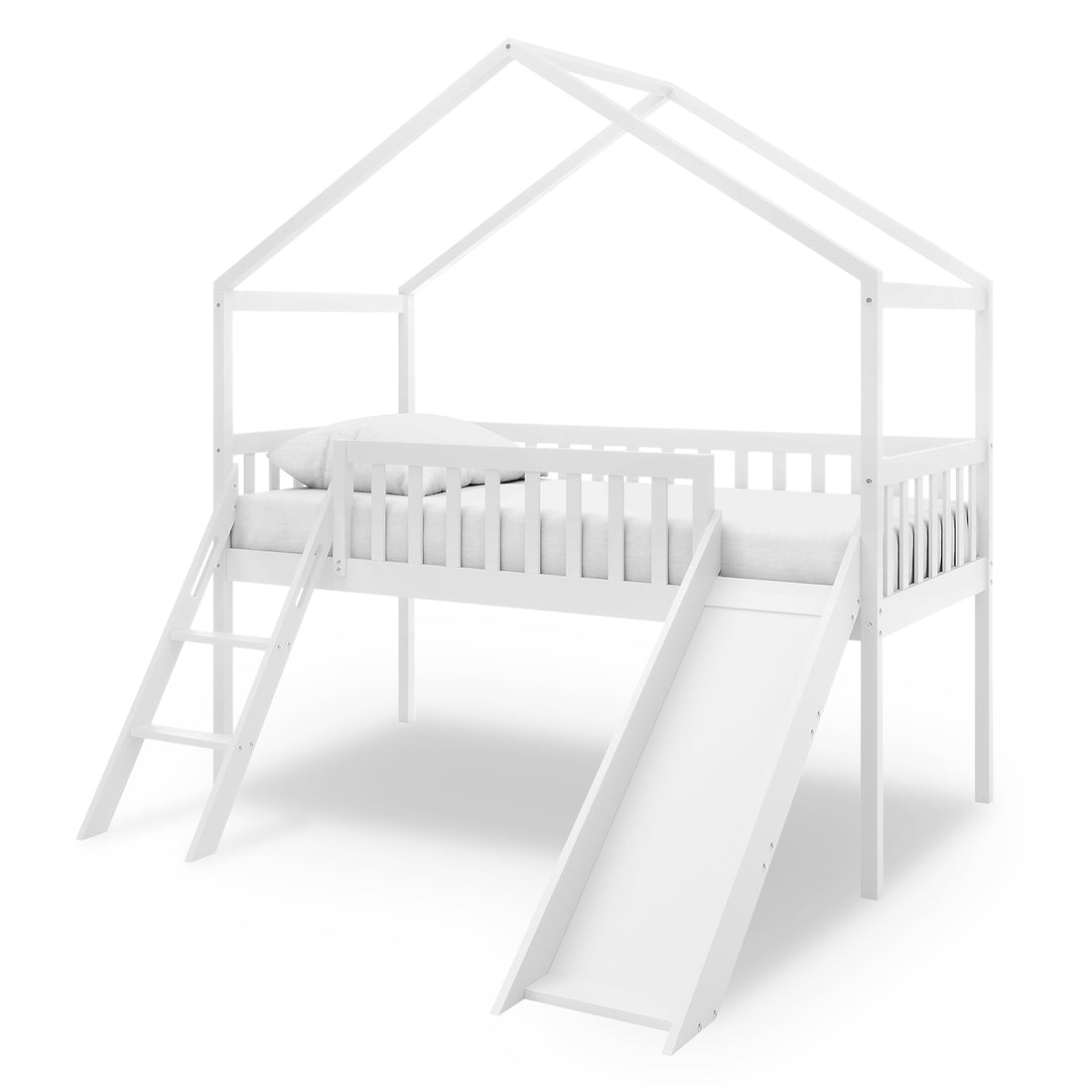 Inala Kids House Bed with Slide - White features a loft-style design with a peaked roof frame, ladder, and slide. Made of solid pine, it promotes a playful and safe sleeping environment.