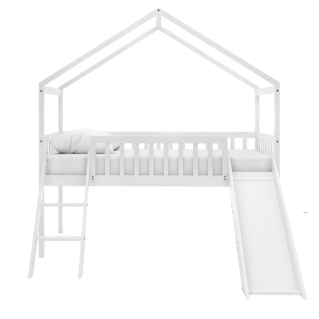Inala Kids House Bed with Slide - White, featuring a peaked roof frame, low guardrail, small ladder, and built-in slide. Fitted mattress and pillow included, offering a playful and cosy sleep space.