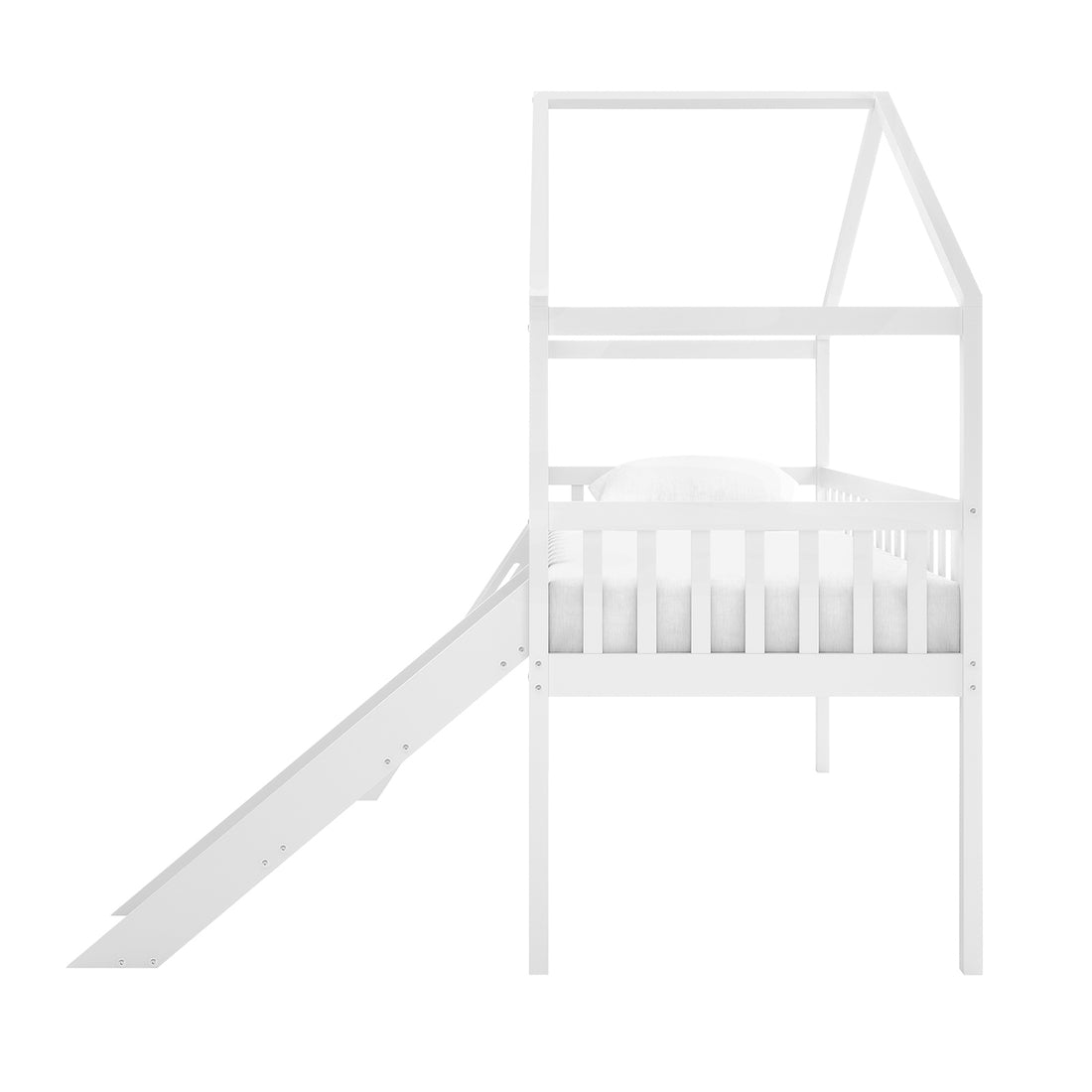 Inala Kids House Bed with Slide - White: A wooden house-frame loft bed with safety rails and an attached slide, featuring a simple white pillow and mattress, crafted for playful and safe child sleep spaces.