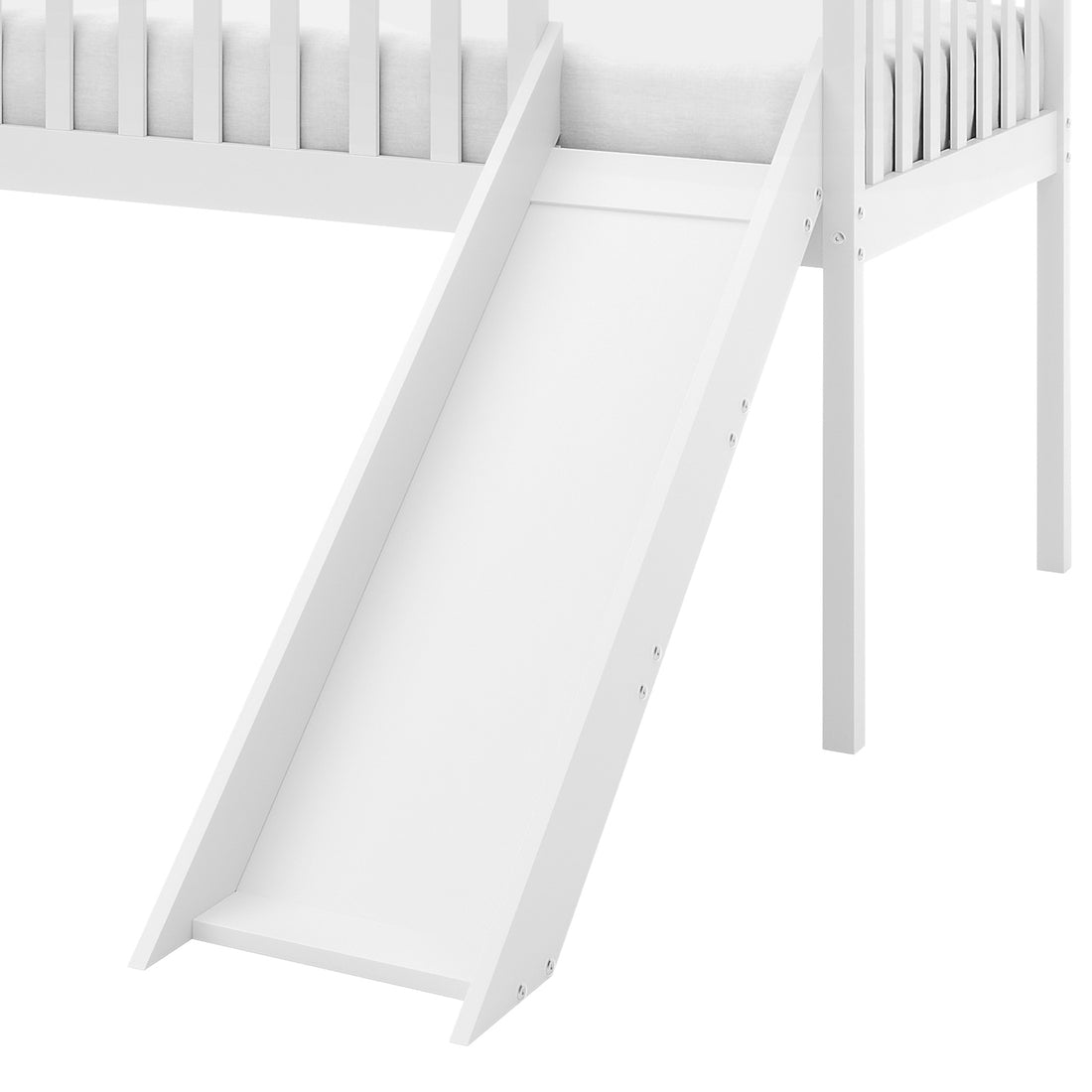 Inala Kids House Bed with Slide - White features a white wooden slide attached to the raised bed's side, showcasing a slatted frame and secure side rails for playful and safe bedroom fun.