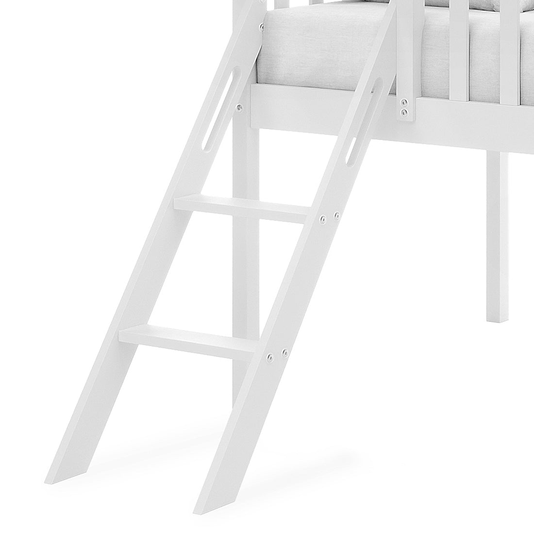 Inala Kids House Bed with Slide - White, featuring a partial view of a wooden loft-bed frame with an angled ladder and two steps, highlighting its playful, sturdy design for children's rooms.