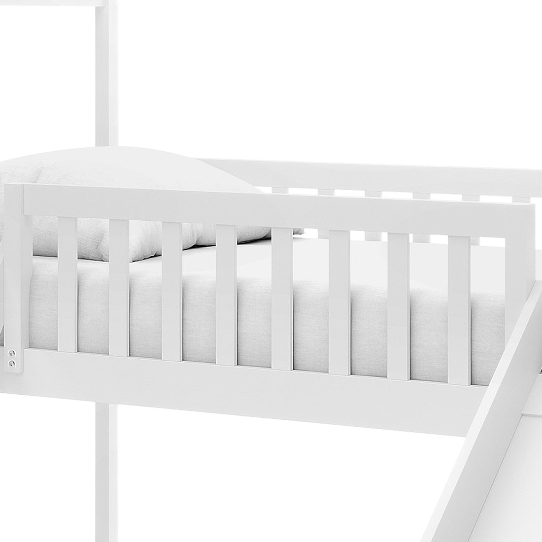 Inala Kids House Bed with Slide - White features a solid pine loft frame with vertical slats, a fitted mattress with a pillow, and an angled ladder, creating a playful and cozy retreat.