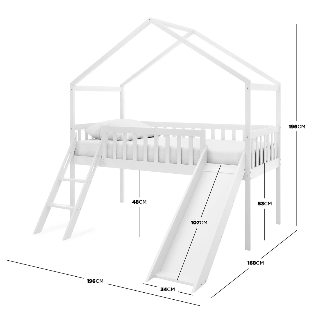 Inala Kids House Bed with Slide - White features a loft bed with a peaked roof frame, guardrails, ladder, and slide, creating a playful and safe children's sleep space.
