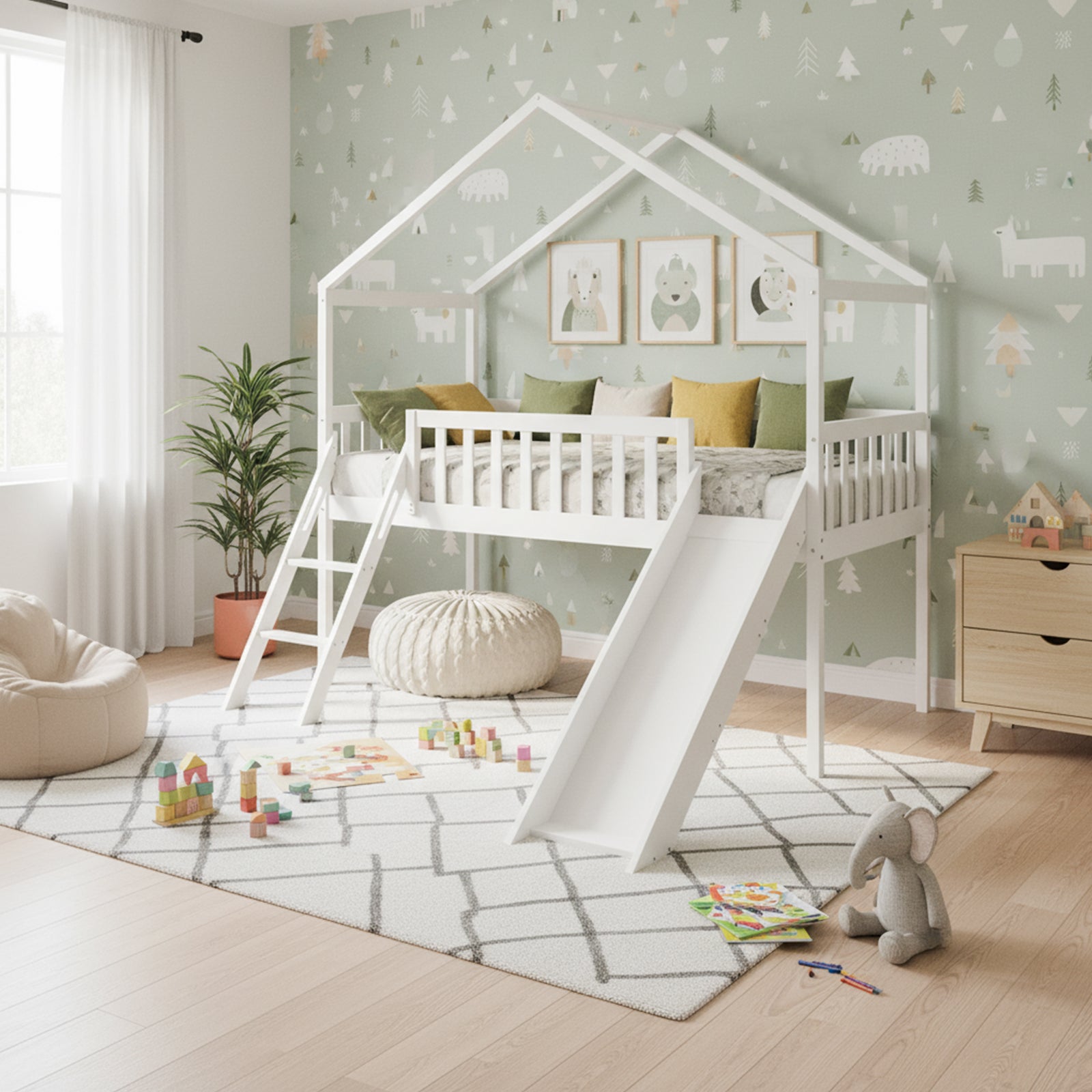 Inala Kids House Solid Pine Bed with Slide in White features a loft-style house frame, safety rails, short ladder, and slide, set in a playful children's room with cozy decor and toys.