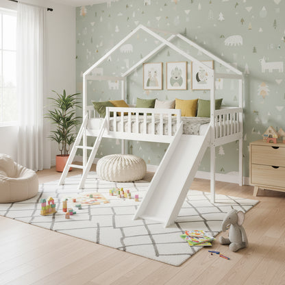 Inala Kids House Solid Pine Bed with Slide in White features a loft-style house frame, safety rails, short ladder, and slide, set in a playful children's room with cozy decor and toys.
