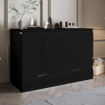 Jaxen Smart Queen Foldout Murphy Bed with Storage, featuring a sleek black cabinet with drawers, adorned with decorative objects and a vase with a tree.