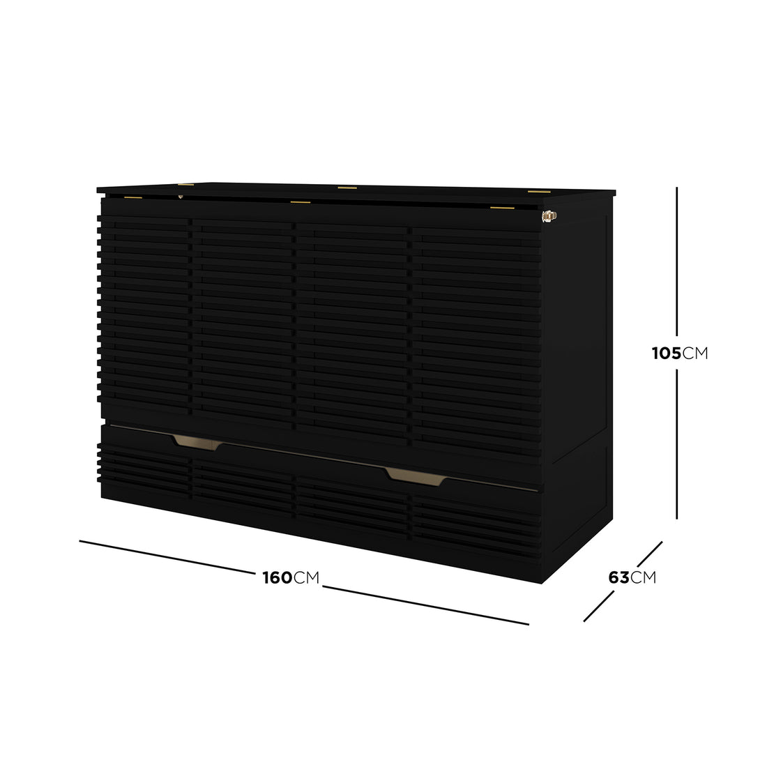 Jaxen Smart Queen Foldout Murphy Bed with Storage features a black dresser with drawers and a sleek, rectangular design with horizontal lines.