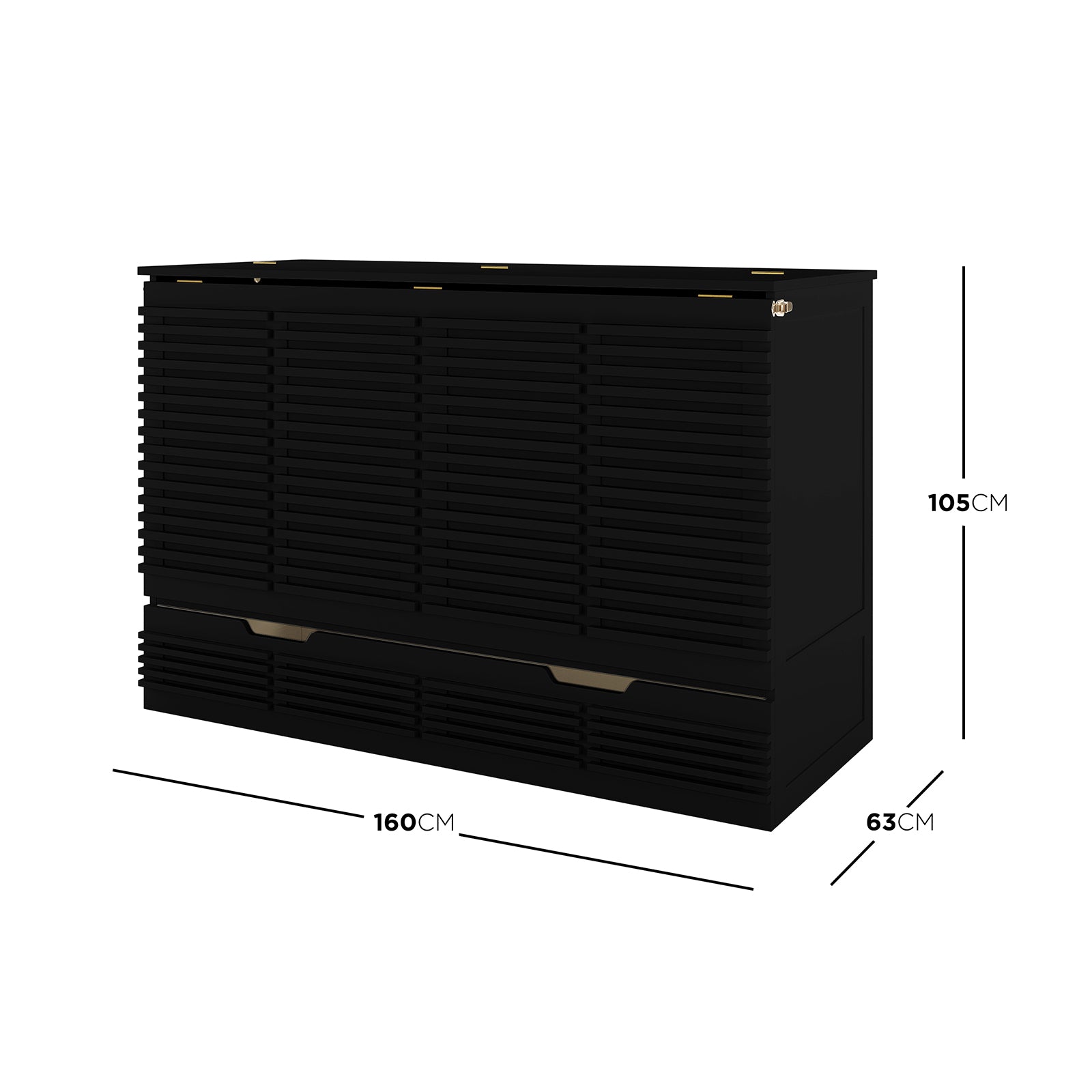 Jaxen Smart Queen Foldout Murphy Bed with Storage features a black dresser with drawers and a sleek, rectangular design with horizontal lines.