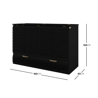 Jaxen Smart Queen Foldout Murphy Bed with Storage features a black dresser with drawers and a sleek, rectangular design with horizontal lines.