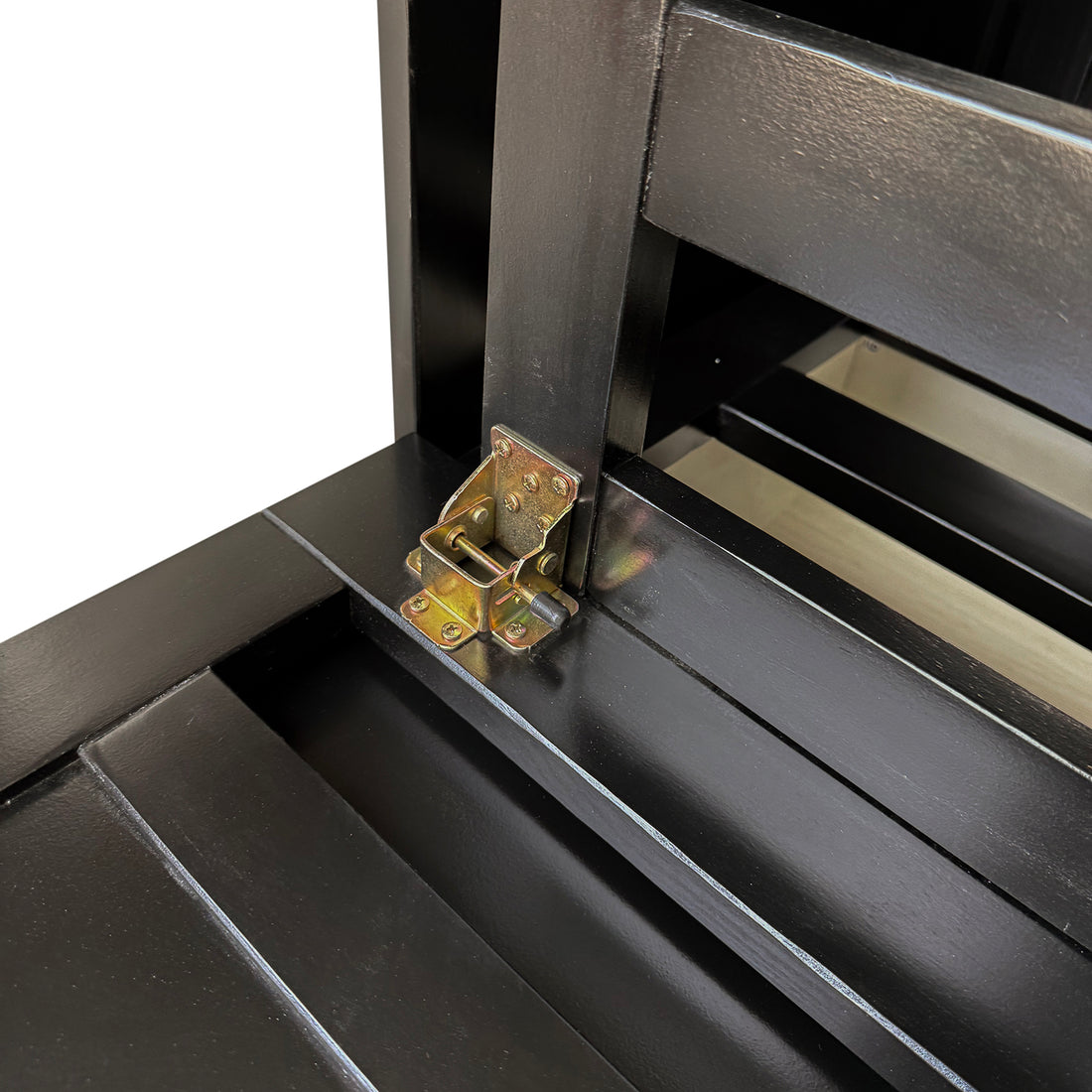 Jaxen Smart Queen Foldout Murphy Bed with Storage in black, highlighting its sleek design, sturdy bolts, and integrated drawer, ideal for compact indoor spaces.