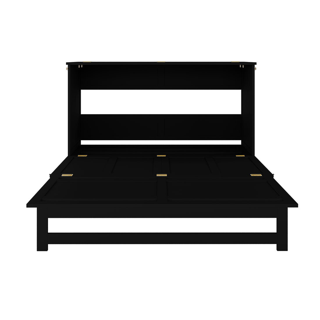 Jaxen Smart Queen Foldout Murphy Bed with Storage featuring a sleek rectangular design, showcasing a black door with gold hinges and a subtle white accent strip.