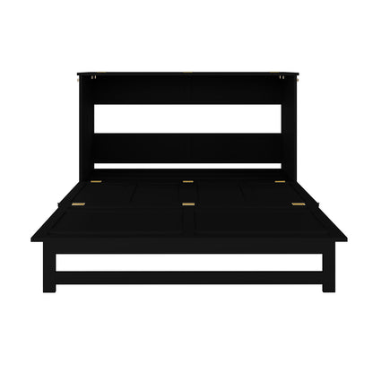 Jaxen Smart Queen Foldout Murphy Bed with Storage featuring a sleek rectangular design, showcasing a black door with gold hinges and a subtle white accent strip.