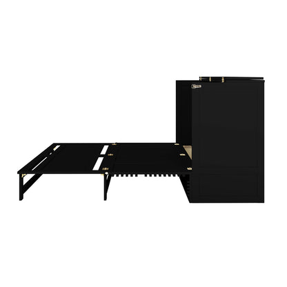 Jaxen Smart Queen Foldout Murphy Bed with Storage features a sleek, rectangular design, integrated shelf, and minimalist black cabinet for efficient space utilization.