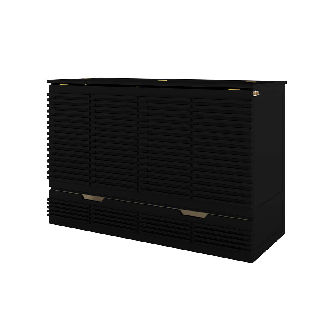 Jaxen Smart Queen Foldout Murphy Bed with Storage features a sleek cabinet design with drawers, highlighting its compact and functional style.