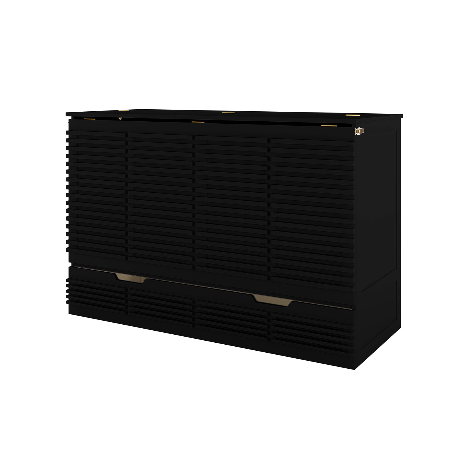 Jaxen Smart Queen Foldout Murphy Bed with Storage features a sleek cabinet design with drawers, highlighting its compact and functional style.