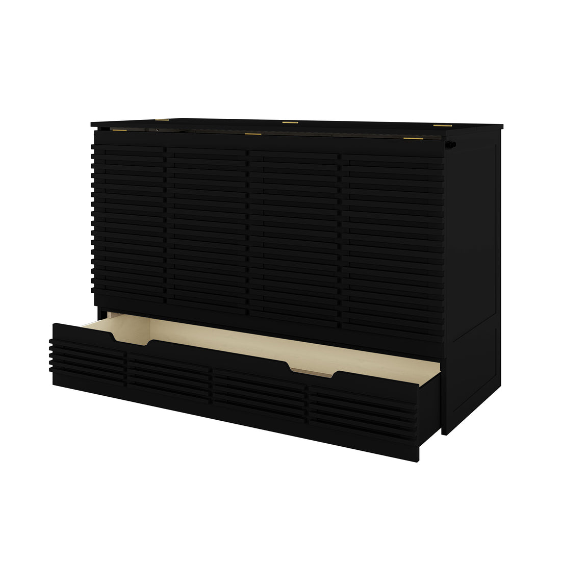 Jaxen Smart Queen Foldout Murphy Bed with Storage features a black dresser with drawers and a sleek, rectangular design with horizontal lines.