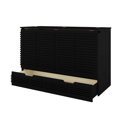 Jaxen Smart Queen Foldout Murphy Bed with Storage features a black dresser with drawers and a sleek, rectangular design with horizontal lines.