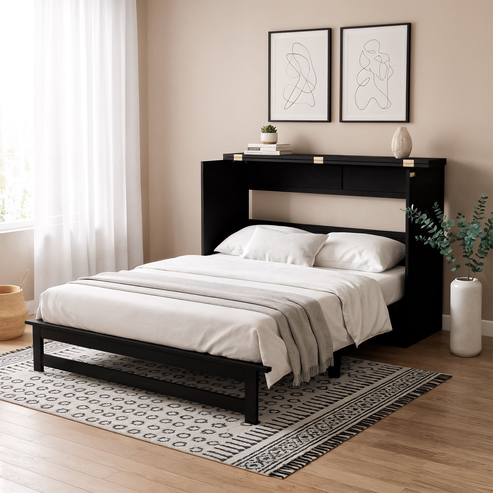 Jaxen Queen Foldout Murphy Bed with Storage in Black, featuring a black wooden frame with shelving headboard, white bedding, and abstract art, complemented by decorative items and a patterned rug.