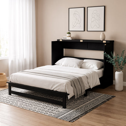 Jaxen Queen Foldout Murphy Bed with Storage in Black, featuring a black wooden frame with shelving headboard, white bedding, and abstract art, complemented by decorative items and a patterned rug.