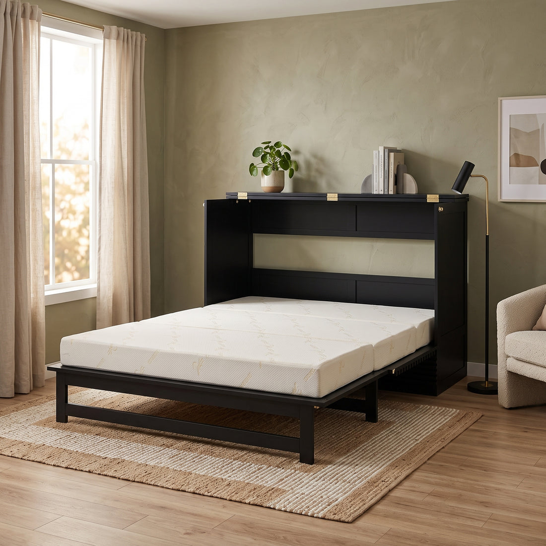 A black wooden Murphy bed folded out into a platform bed with a white patterned mattress, set in a cozy room with light wood floors, a window with curtains, books, a plant, and a textured area rug.