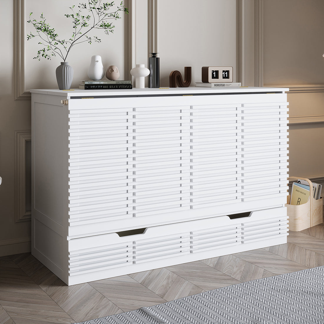 Jaxen Eco-Luxury Sleep with Bamboo Mattress Bundle featuring a white louvered sideboard with decor, showcasing modern design elements; includes vase, sculptures, and retro clock, reflecting stylish, space-saving home aesthetics.