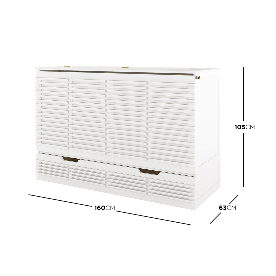 Jaxen Smart Queen Murphy Bed with Plico 3-Fold Queen Mattress, featuring a slatted front and hinged top lid, provides a space-saving solution with ergonomic support, measuring 160x63x105 cm.