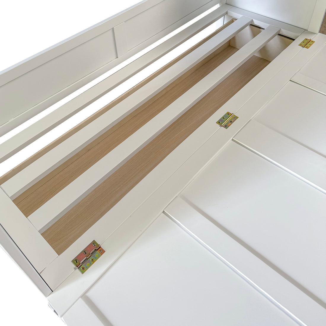 The Jaxen Smart Queen Murphy Bed, shown with its open storage bench, features brass-colored hinges and horizontal lid slats. It pairs with the Plico 3-Fold Queen Mattress for optimal space-saving comfort.