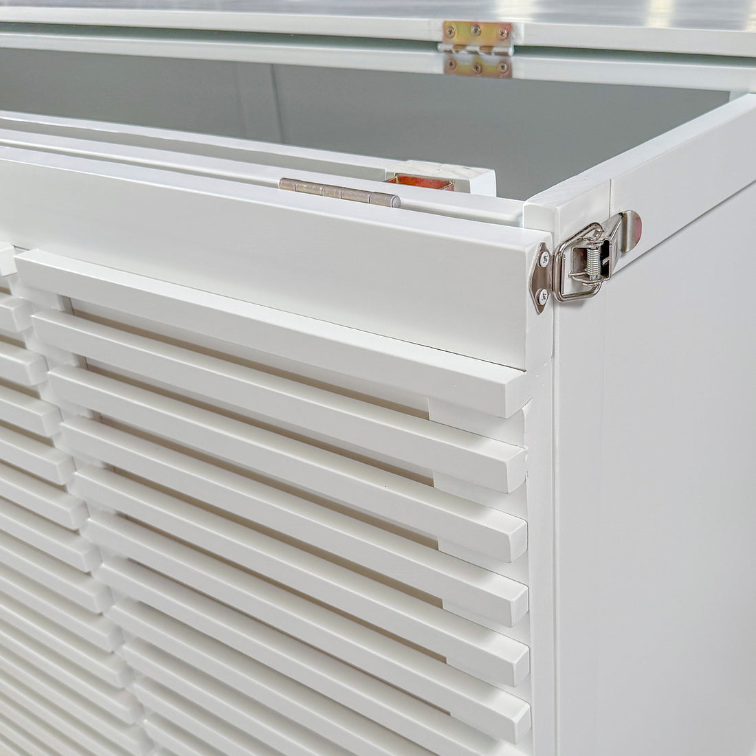 Jaxen Smart Queen Foldout Murphy Bed with Storage - White, featuring a close-up of its white surface, sturdy metal latch, and secure screws, highlighting the bed's design and functional elements.