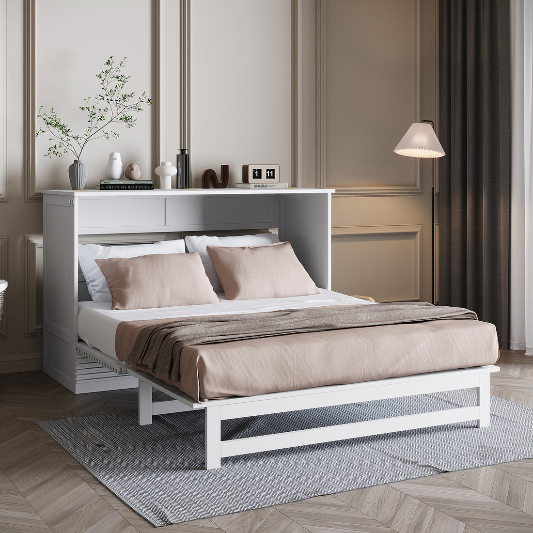 Jaxen Smart Queen Murphy Bed with Plico 3-Fold Queen Mattress featured in a contemporary bedroom, showcasing a sleek white frame with a shelf headboard, blush-pink linens, and a minimalist decor.