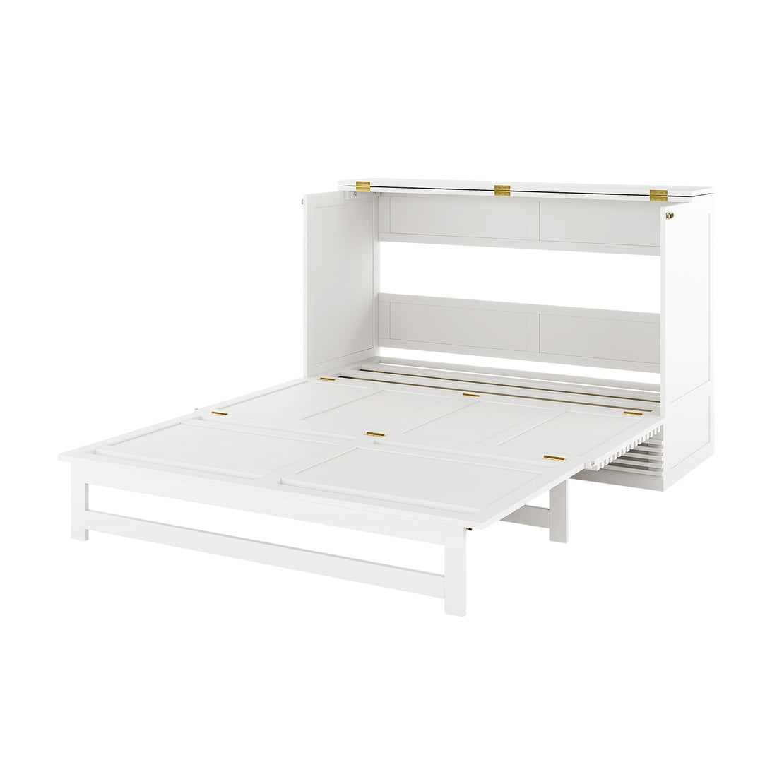 Jaxen Smart Queen Murphy Bed with Plico 3-Fold Queen Mattress in partially-open position, showcasing fold-down front panels on brass hinges and interior storage compartment, ideal for optimizing modern living spaces.