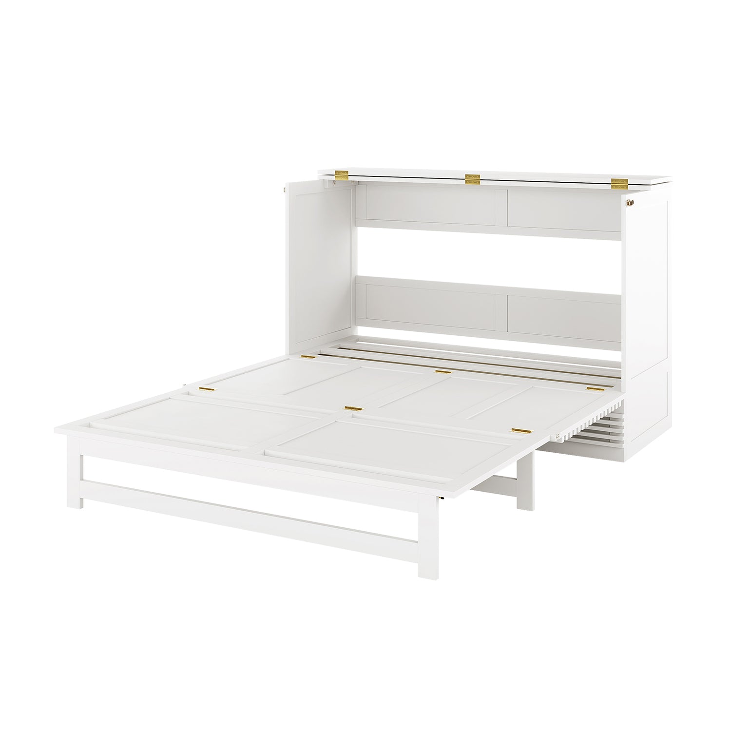 Jaxen Smart Queen Murphy Bed with Plico 3-Fold Queen Mattress in partially-open position, showcasing fold-down front panels on brass hinges and interior storage compartment, ideal for optimizing modern living spaces.