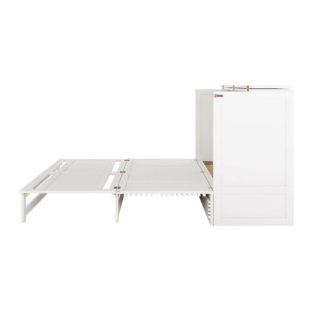 Jaxen Eco-Luxury Sleep with Bamboo Mattress Bundle showcases a white Murphy bed open, revealing slatted supports and folded panels, paired with a tri-fold bamboo mattress for space-saving comfort.