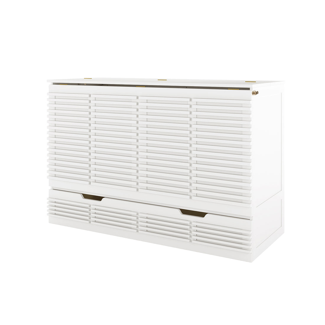 Jaxen Smart Queen Murphy Bed and Plico 3-Fold Queen Mattress, featuring a freestanding white cabinet with slatted panels and a recessed handle, showcasing a minimalist design perfect for optimizing living space.