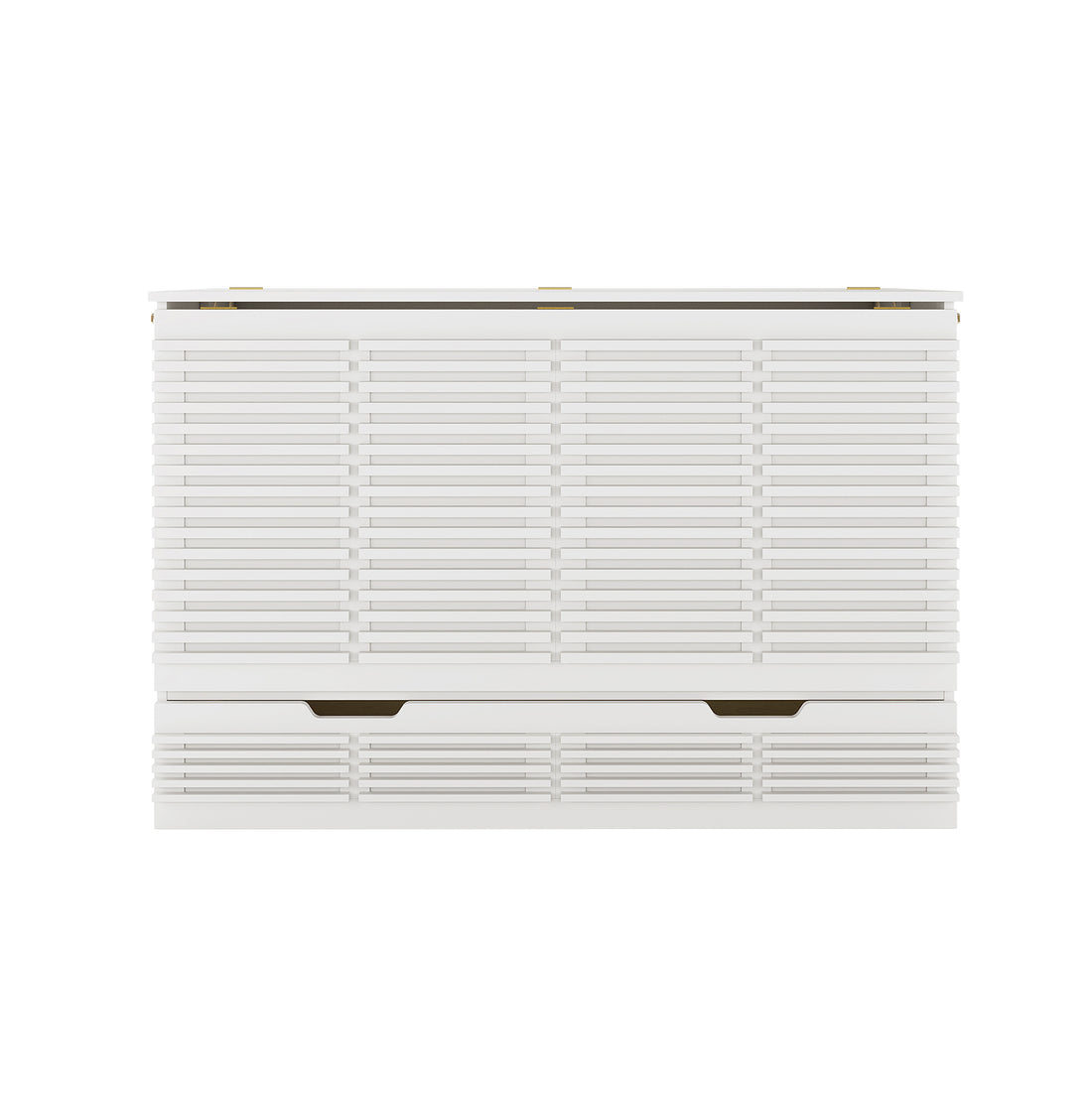 Jaxen Eco-Luxury Sleep with Bamboo Mattress Bundle features a white, low storage cabinet with louvered slats, a hinged top compartment, and a pull-out drawer, accented by brass-colored details.