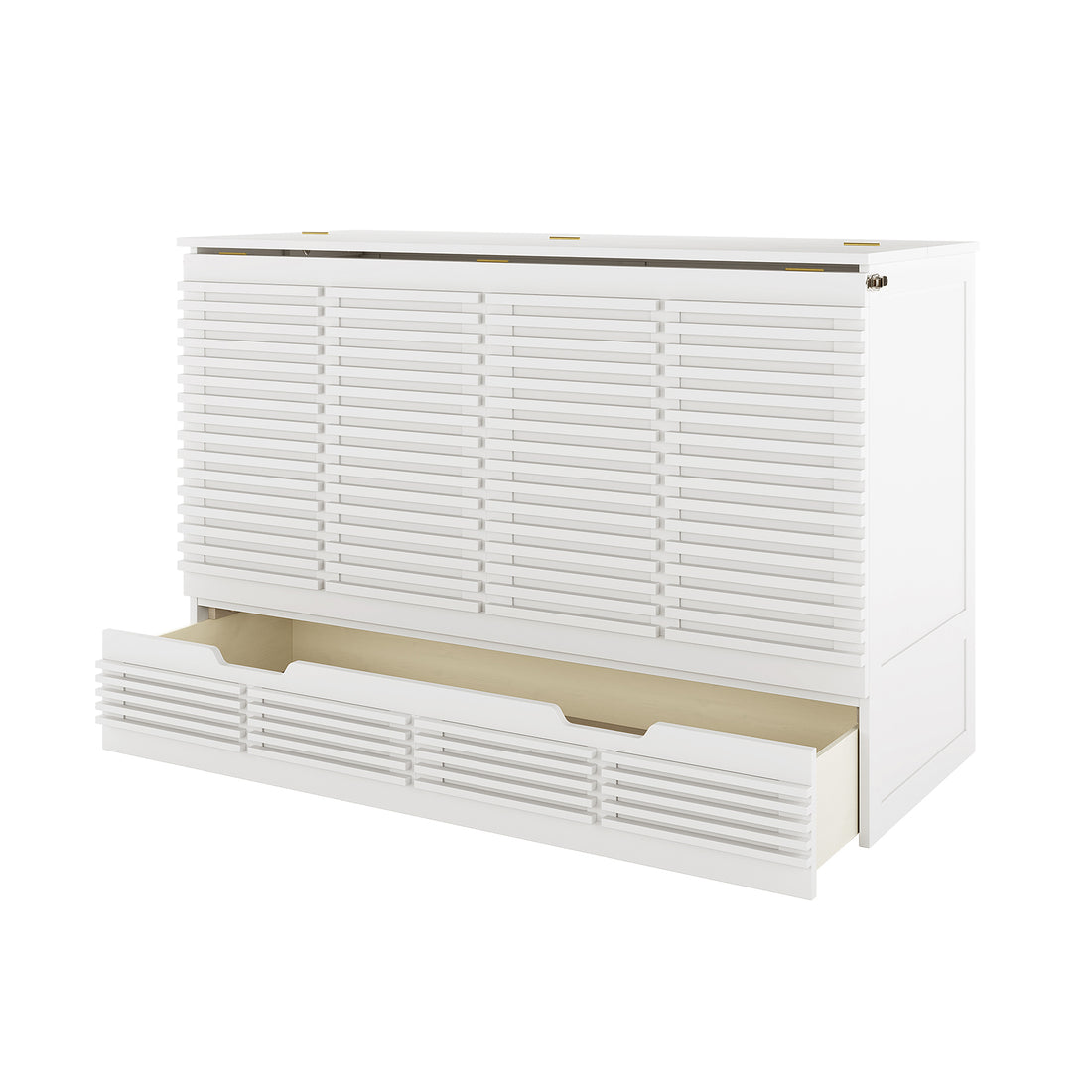 Jaxen Smart Queen Murphy Bed with Plico 3-Fold Queen Mattress shown with a white wooden cabinet featuring a slatted front, hinged lid, and partially extended wide pull-out drawer for space efficiency.