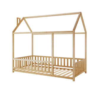 Jesse Kids Single Solid Pine Wood House Bed Frame in White, featuring a wooden, house-shaped design with low guard rails and an open peaked-roof frame, perfect for toddlers transitioning from cribs.